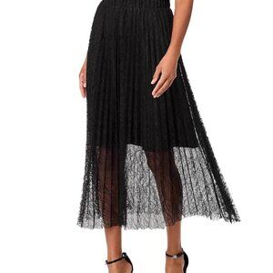 Steve Madden Cocktail Black Pleated Lace  Sheer Elastic Waist Midi Skirt S